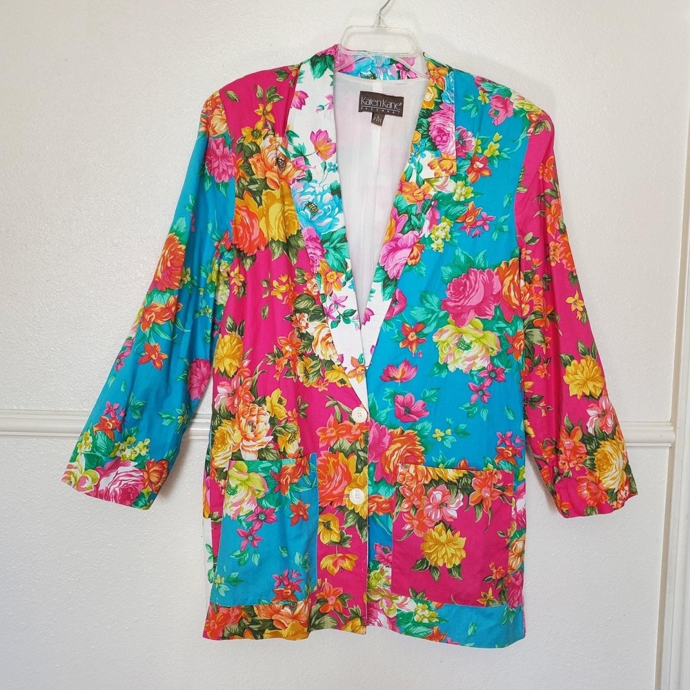 Karen Kane Women's Floral Patchwork Blazer Jacket L Made in USA Vibrant Cotton